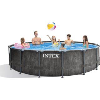 Piscina Estructural Redonda INTEX Prism Frame Greywood Premium, 457 x 122 cm, 16.805L, con Bomba, Escalera, Cobertor y Tapiz